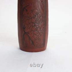 Antique Arts & Crafts Embossed Paneled Grape & Leaf Redware Pottery Vase c1920