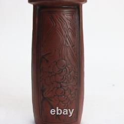 Antique Arts & Crafts Embossed Paneled Grape & Leaf Redware Pottery Vase c1920