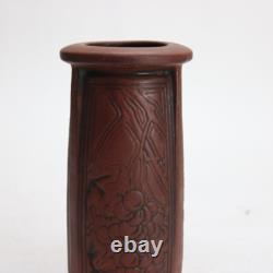 Antique Arts & Crafts Embossed Paneled Grape & Leaf Redware Pottery Vase c1920