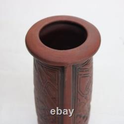 Antique Arts & Crafts Embossed Paneled Grape & Leaf Redware Pottery Vase c1920