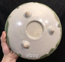 Antique Arts & Crafts Mission Footed Bowl Green Crackle Drip Glaze Pottery