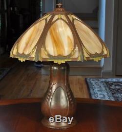 Antique Arts and Crafts Slag Glass Lamp with Pottery Base Rainaud