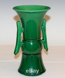 Antique Awaji Pottery Arts & Crafts Green Gu Form w Handles Monochrome Vase