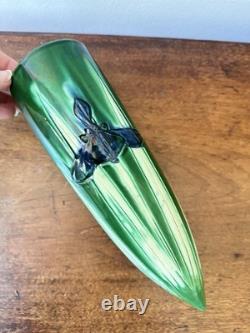 Antique Awaji Pottery Arts & Crafts Green Incised Iris Flower Wall Vase 11