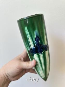 Antique Awaji Pottery Arts & Crafts Green Incised Iris Flower Wall Vase 11
