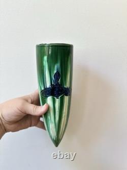 Antique Awaji Pottery Arts & Crafts Green Incised Iris Flower Wall Vase 11