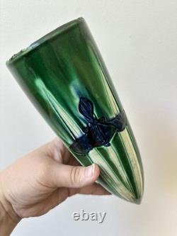 Antique Awaji Pottery Arts & Crafts Green Incised Iris Flower Wall Vase 11