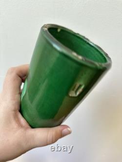 Antique Awaji Pottery Arts & Crafts Green Incised Iris Flower Wall Vase 11