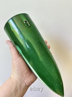 Antique Awaji Pottery Arts & Crafts Green Incised Iris Flower Wall Vase 11