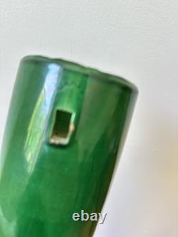 Antique Awaji Pottery Arts & Crafts Green Incised Iris Flower Wall Vase 11