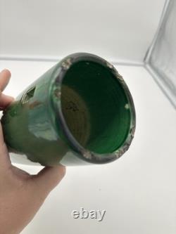 Antique Awaji Pottery Arts & Crafts Green Incised Iris Flower Wall Vase 11