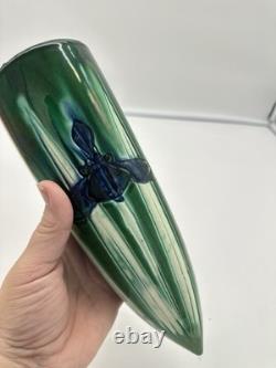 Antique Awaji Pottery Arts & Crafts Green Incised Iris Flower Wall Vase 11