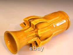 Antique Awaji Pottery Arts & Crafts Yellow Frond Blade Vase 12 Antique Awaji Pottery Arts & Crafts Yellow Frond Blade Vase 12