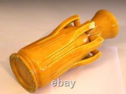 Antique Awaji Pottery Arts & Crafts Yellow Frond Blade Vase 12 Antique Awaji Pottery Arts & Crafts Yellow Frond Blade Vase 12