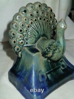 Antique Fulper Arts & Crafts Pottery Peacock Bird Home Statue Sculpture Bookends