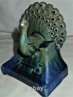 Antique Fulper Arts & Crafts Pottery Peacock Bird Home Statue Sculpture Bookends