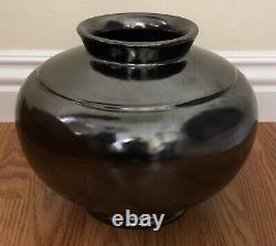 Antique Fulper Mirrored Black Glaze Arts & Crafts Art Pottery Vase Oval Raised