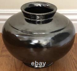 Antique Fulper Mirrored Black Glaze Arts & Crafts Art Pottery Vase Oval Raised