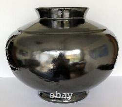 Antique Fulper Mirrored Black Glaze Arts & Crafts Art Pottery Vase Oval Raised