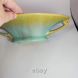 Antique Fulper Pottery Arts Crafts Green Yellow Two Handles Console Bowl