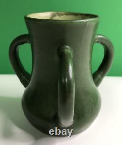 Antique HAMPSHIRE POTTERY 3 HANDLED VASE Arts Crafts Mission 5 Rich Green Glaze