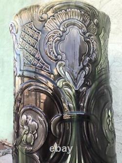 Antique Mission Arts & Crafts Glazed Green Majolica Pottery Umbrella Stand