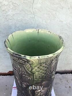 Antique Mission Arts & Crafts Glazed Green Majolica Pottery Umbrella Stand