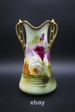 Antique Nippon Porcelain Vase Hand Painted Florals Gold Handles 10 h