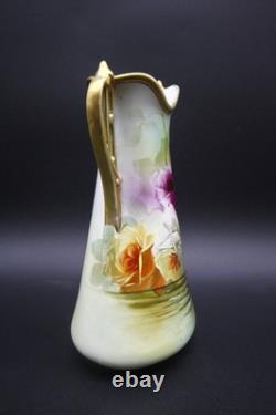 Antique Nippon Porcelain Vase Hand Painted Florals Gold Handles 10 h
