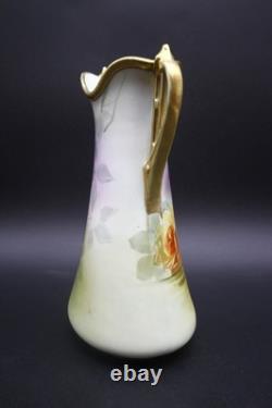 Antique Nippon Porcelain Vase Hand Painted Florals Gold Handles 10 h
