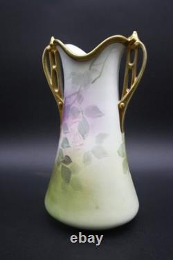 Antique Nippon Porcelain Vase Hand Painted Florals Gold Handles 10 h