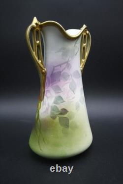Antique Nippon Porcelain Vase Hand Painted Florals Gold Handles 10 h