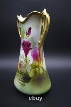 Antique Nippon Porcelain Vase Hand Painted Florals Gold Handles 10 h