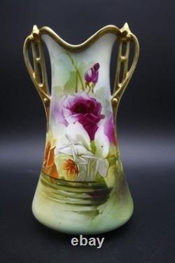 Antique Nippon Porcelain Vase Hand Painted Florals Gold Handles 10 h