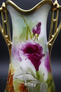 Antique Nippon Porcelain Vase Hand Painted Florals Gold Handles 10 h