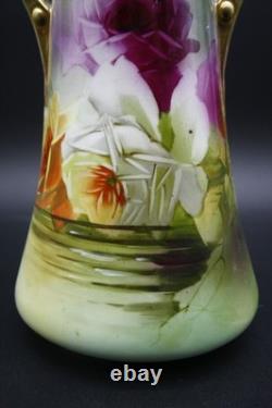Antique Nippon Porcelain Vase Hand Painted Florals Gold Handles 10 h