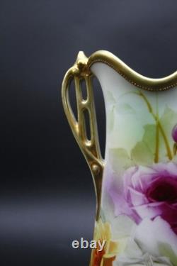 Antique Nippon Porcelain Vase Hand Painted Florals Gold Handles 10 h