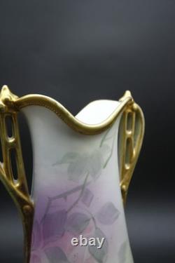 Antique Nippon Porcelain Vase Hand Painted Florals Gold Handles 10 h