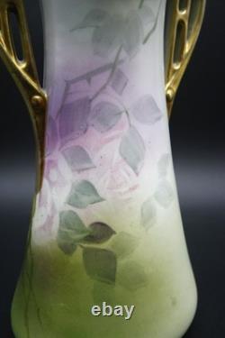 Antique Nippon Porcelain Vase Hand Painted Florals Gold Handles 10 h