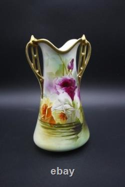 Antique Nippon Porcelain Vase Hand Painted Florals Gold Handles 10 h