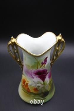 Antique Nippon Porcelain Vase Hand Painted Florals Gold Handles 10 h