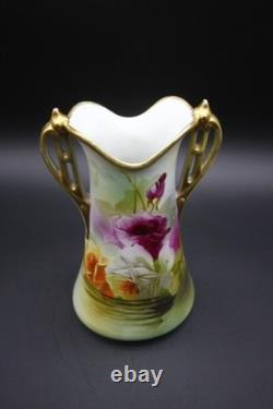 Antique Nippon Porcelain Vase Hand Painted Florals Gold Handles 10 h