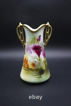 Antique Nippon Porcelain Vase Hand Painted Florals Gold Handles 10 h