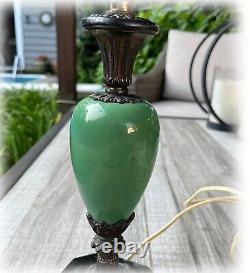 Antique Rare Arts & Crafts Brass and Jade Green Pottery Table Lamp for Restoring