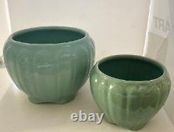 Antique TWO Zanesville Arts & Crafts Pottery Green Jardiniere Vases