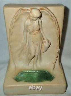 Antique Teco Arts Crafts Mission Rookwood Era Art Pottery Lady @ Well Bookends