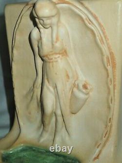 Antique Teco Arts Crafts Mission Rookwood Era Art Pottery Lady @ Well Bookends