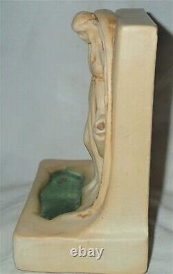 Antique Teco Arts Crafts Mission Rookwood Era Art Pottery Lady @ Well Bookends