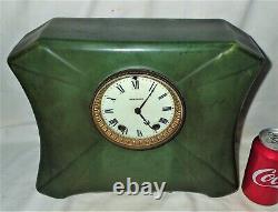Antique USA Green Hampshire Pottery Mantel Clock Seth Thomas Arts Crafts Mission