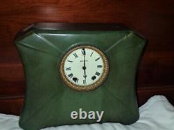 Antique USA Green Hampshire Pottery Mantel Clock Seth Thomas Arts Crafts Mission